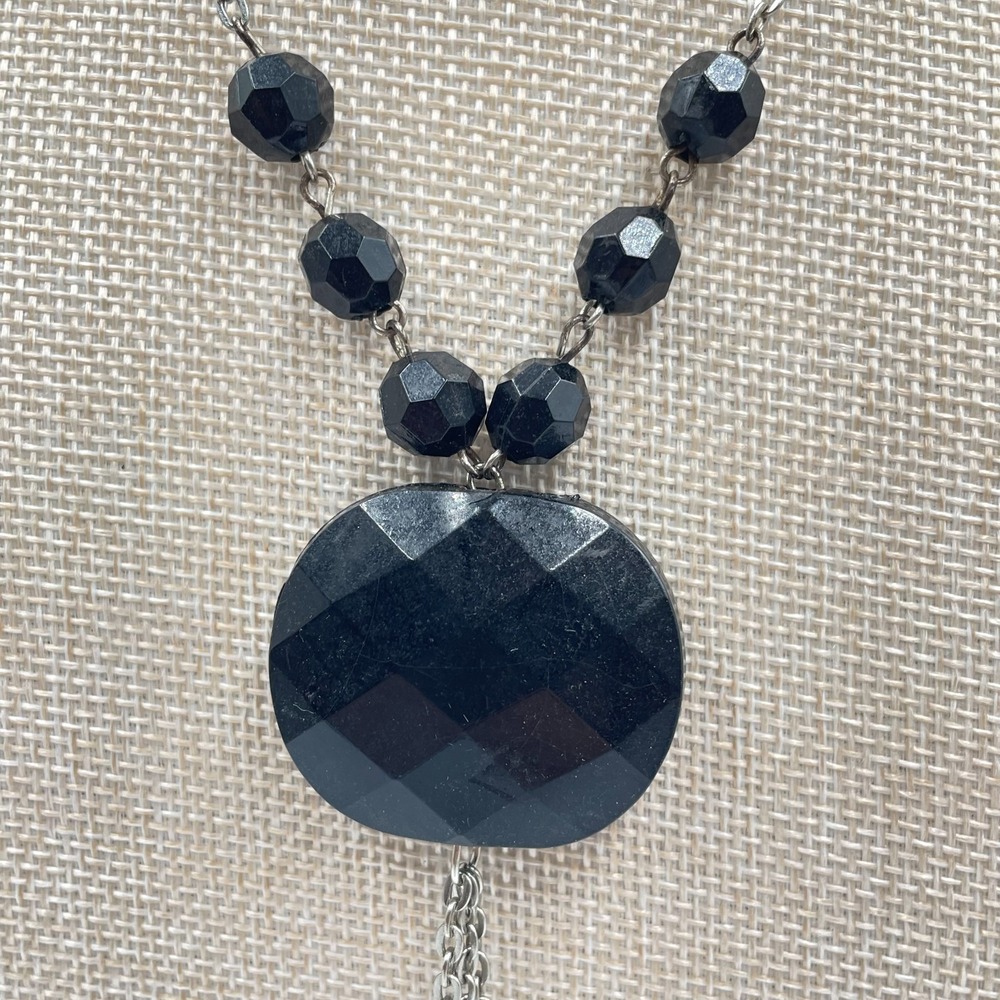 Vintage Deco Style Black Faceted Glass Onyx Pendant Necklace Silver Tone Tassle